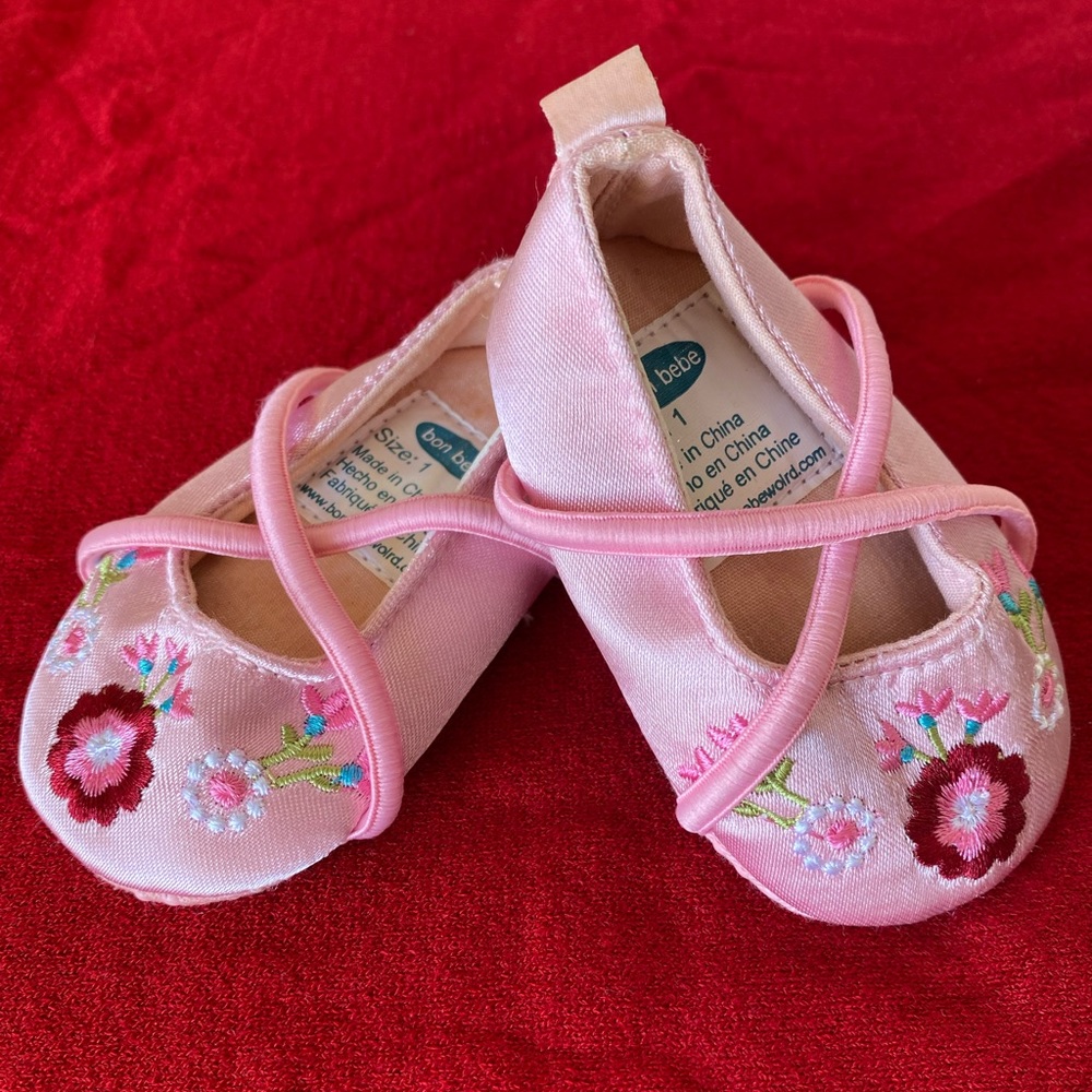 Bon Bebe infant ballerina slippers size 1 pink with embroidered flowers